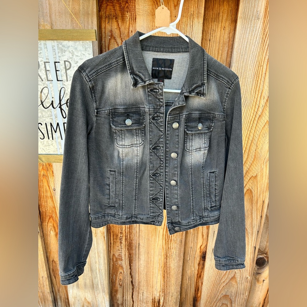 Rock & Republic Denim Jacket American Flag Black Women Small Long Sleeve Pockets - Picture 2 of 5